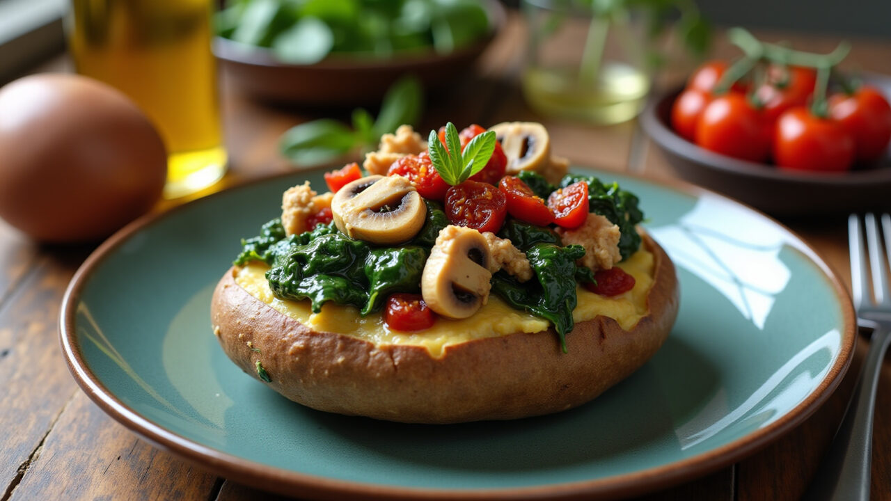 Vegan stuffed potato with mushrooms, spinach, sun-dried tomatoes, smoked tofu, herbs, olive oil, Batata recheada vegana com cogumelos e espinafre.