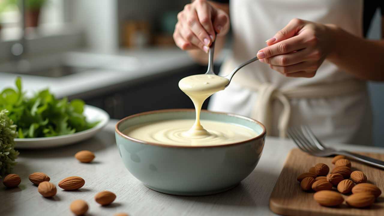 Vegan white sauce made with almond milk, woman preparing in a modern kitchen, natural light, 8K, Molho branco vegano com leite de amêndoas.