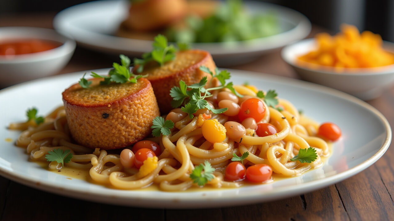 Vegetarian kibe de soja with legumes, colorful plate, close-up, healthy food setting, natural Kibe de soja com legumes, alternativa vegetariana saborosa.