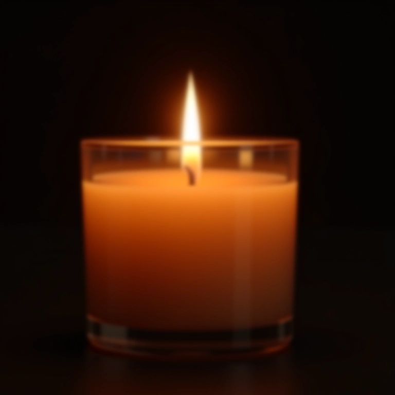 Vela infinita acesa em recipiente de vidro, iluminação suave.