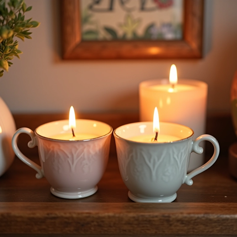 Velas aromáticas em xícaras vintage.