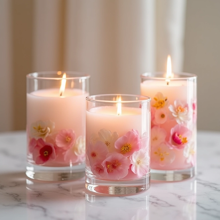 Velas flutuantes em vasos de vidro com pétalas de flores.