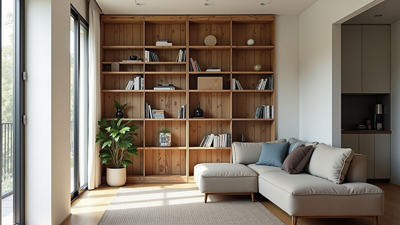 Vertical pallet bookshelf, organized living room, Brazilian design, natural light, lifestyle Estante vertical de paletes com livros e plantas.