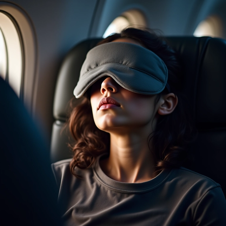 Viajante exausto cochilando no avião para lidar com o jet lag.