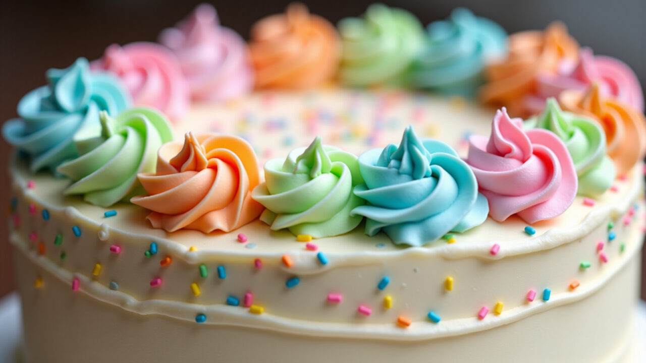 Vibrant, 8K, professional photography of a chantilly cake with colorful rosettes, each a different Bolo de chantilly com rosetas coloridas.
