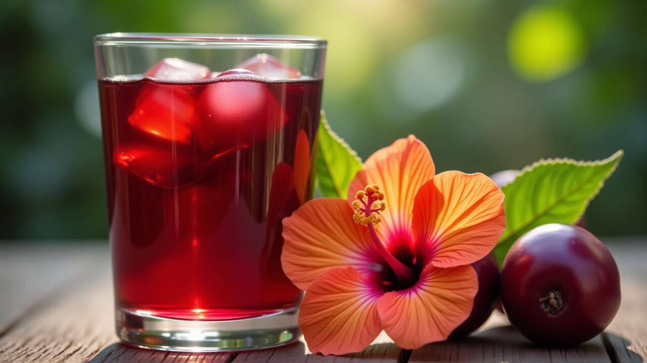 Vibrant hibiscus tea in a glass, Brazilian fruits, professional photography, 8K quality, sharp Chá de hibisco vibrante em um copo com frutas brasileiras.