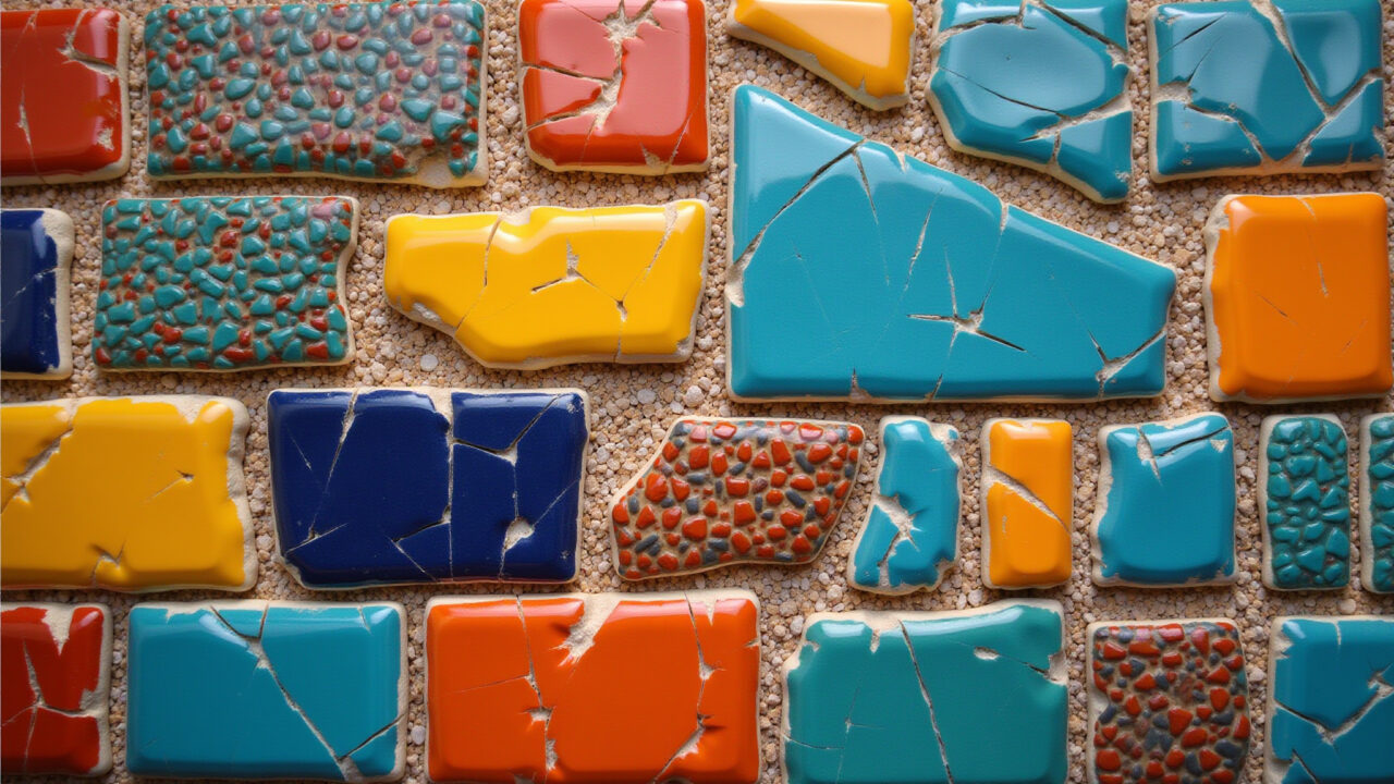 Vibrant mosaic wall art, broken ceramic tiles, colorful textures, Brazilian craftsmanship, Mosaico colorido feito com cacos de cerâmica em parede.