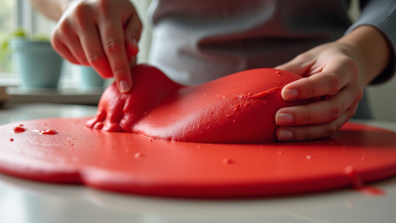 Vibrant red fondant being kneaded, professional photography, 8K quality, sharp focus, natural Pasta americana vermelha vibrante.
