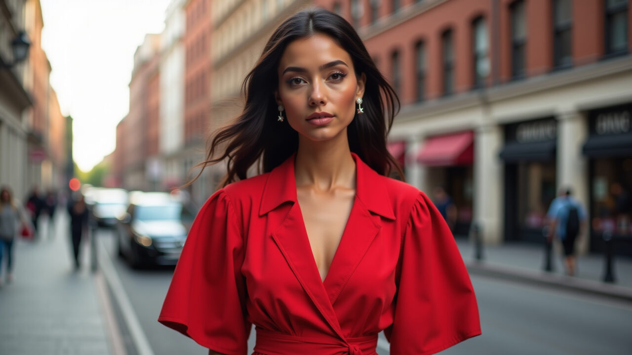 Vibrant red monochromatic outfit, woman in stylish dress, city street background, commercial Look monocromático vermelho vibrante com vestido estiloso em cenário urbano.