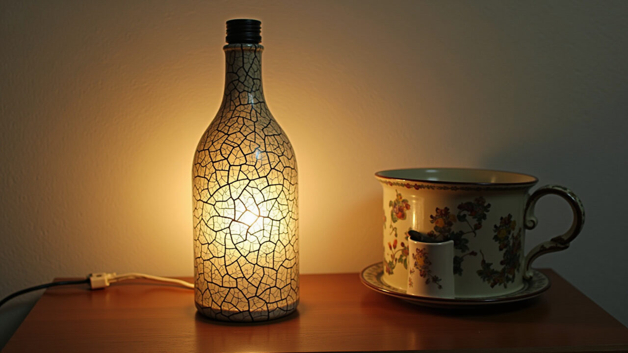 Vintage PET bottle lamp with crackle paint, aged effect, Brazilian home decor, soft light, natural Luminária PET com tinta craquelê, efeito envelhecido e charme vintage.