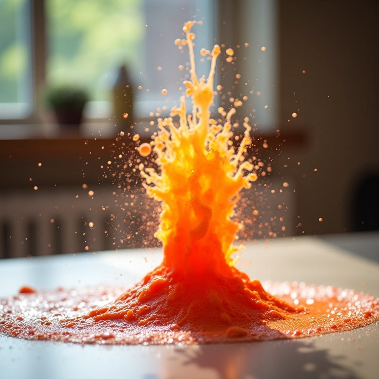 Vulcão de bicarbonato e vinagre em erupção, experimento científico caseiro.