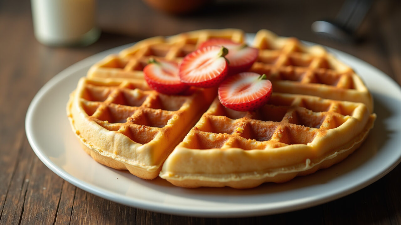 Waffle, professional photography, 8K, gluten-free, natural lighting, brazilian waffle, golden, Waffle de polvilho azedo sem glúten, opção saudável e deliciosa.