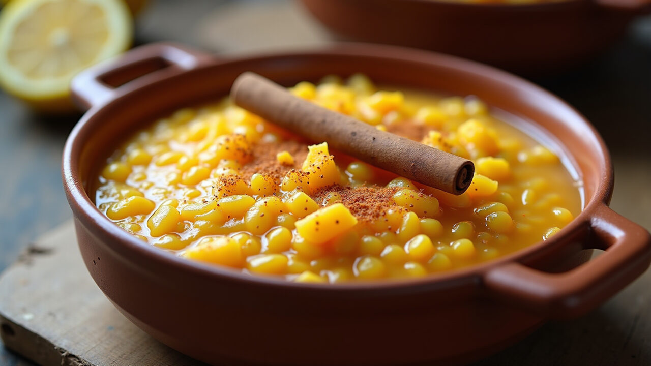 Warm arroz doce with cinnamon, lemon zest, served in a clay bowl. Rustic kitchen setting, natural Arroz doce cremoso com canela e raspas de limão.