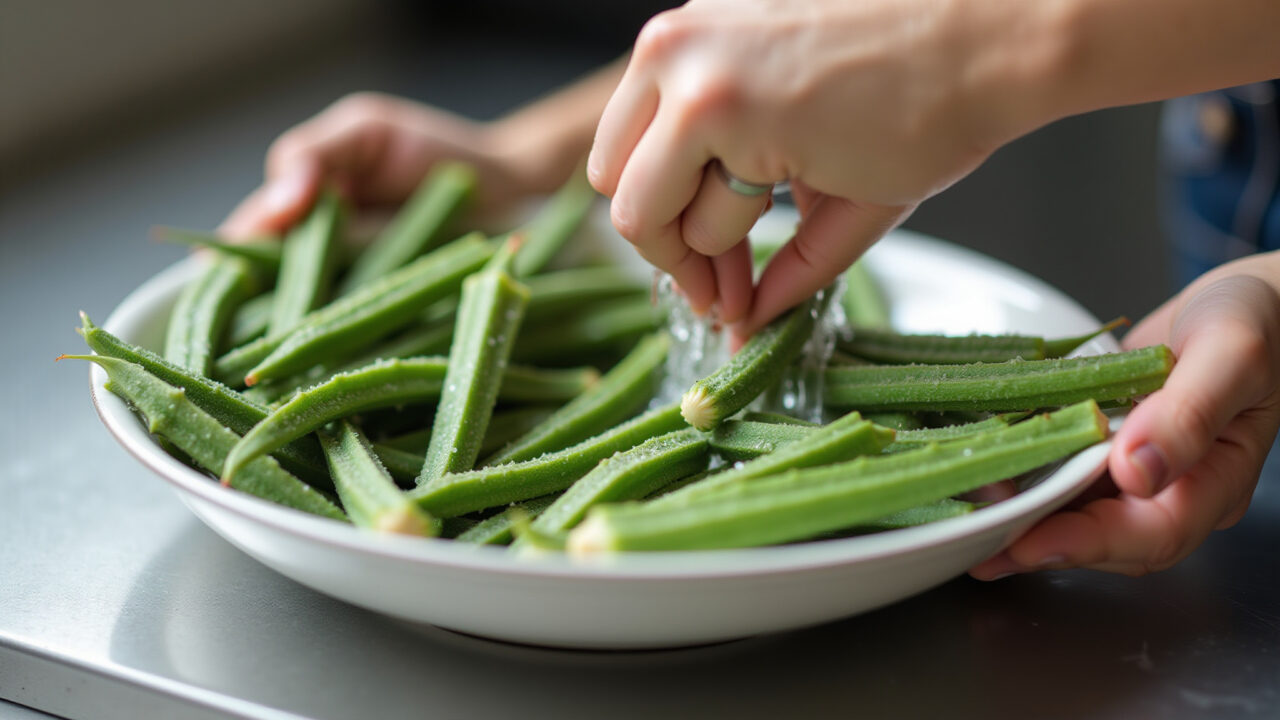 Washing and drying okra, kitchen setting, natural light. 8K quality, sharp focus, food preparation, Lavando e secando o quiabo para prolongar a vida útil