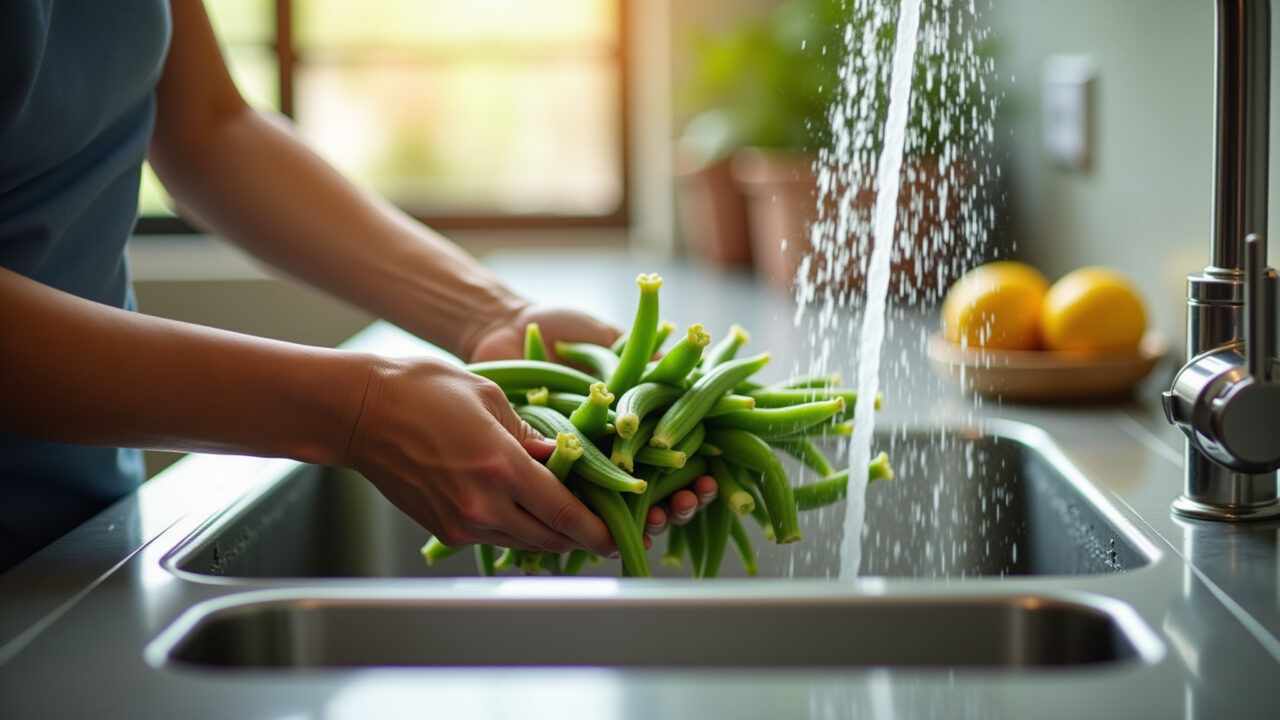 Washing fresh okra under running water in a bright, modern Brazilian kitchen, lifestyle Lavando quiabo fresco em água corrente.