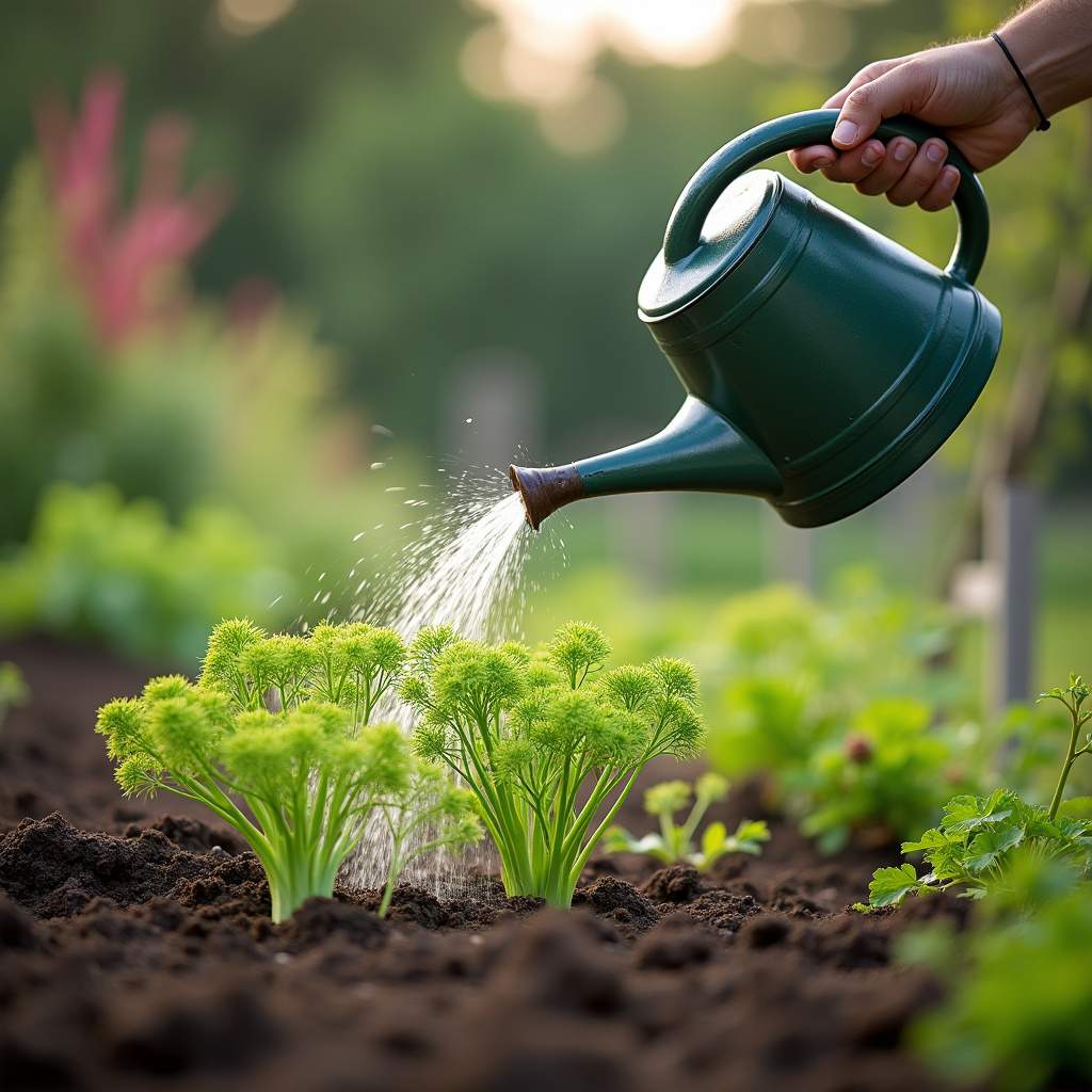 Watering can gently irrigating young fennel plants in a garden, soft light, organic gardening, 8K Regando erva doce após o plantio.