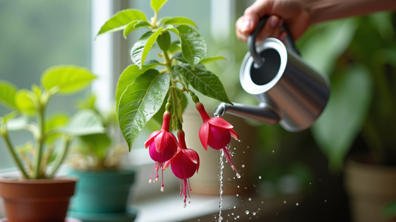 Watering fuchsia 'brinco de princesa' plant, close-up of watering can, healthy leaves, 8k, sharp Regando brinco de princesa