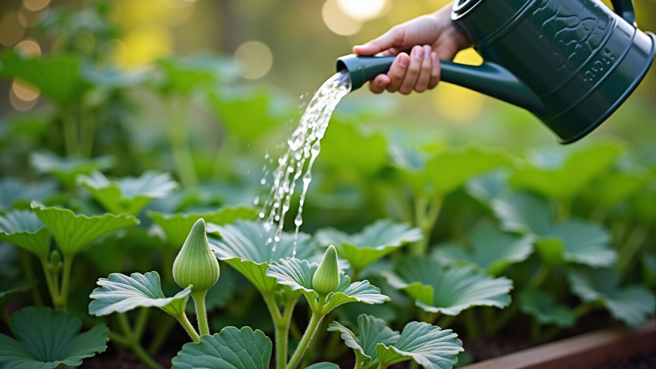Watering okra plants, watering can, backyard garden, organic gardening, professional photography, Regando plantas de quiabo jovens no quintal com regador.