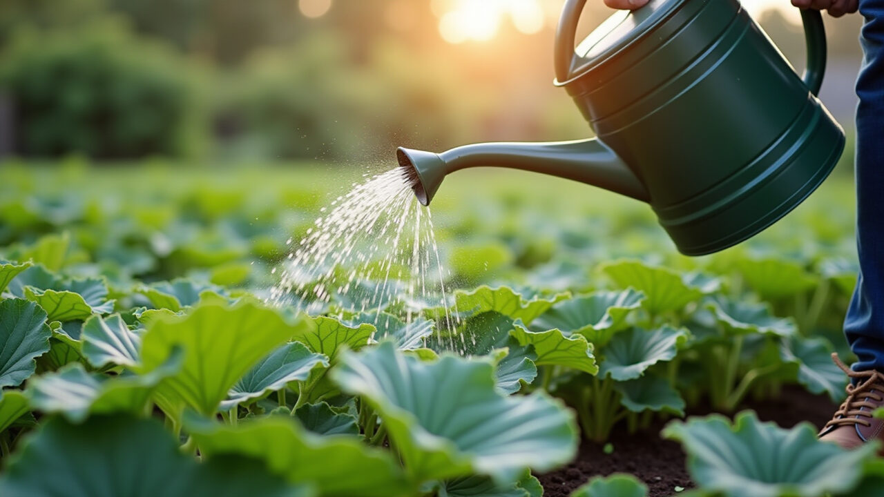 Watering okra plants with a watering can in a vegetable garden. Natural lighting, 8K quality, sharp Regando plantas de quiabo em horta.