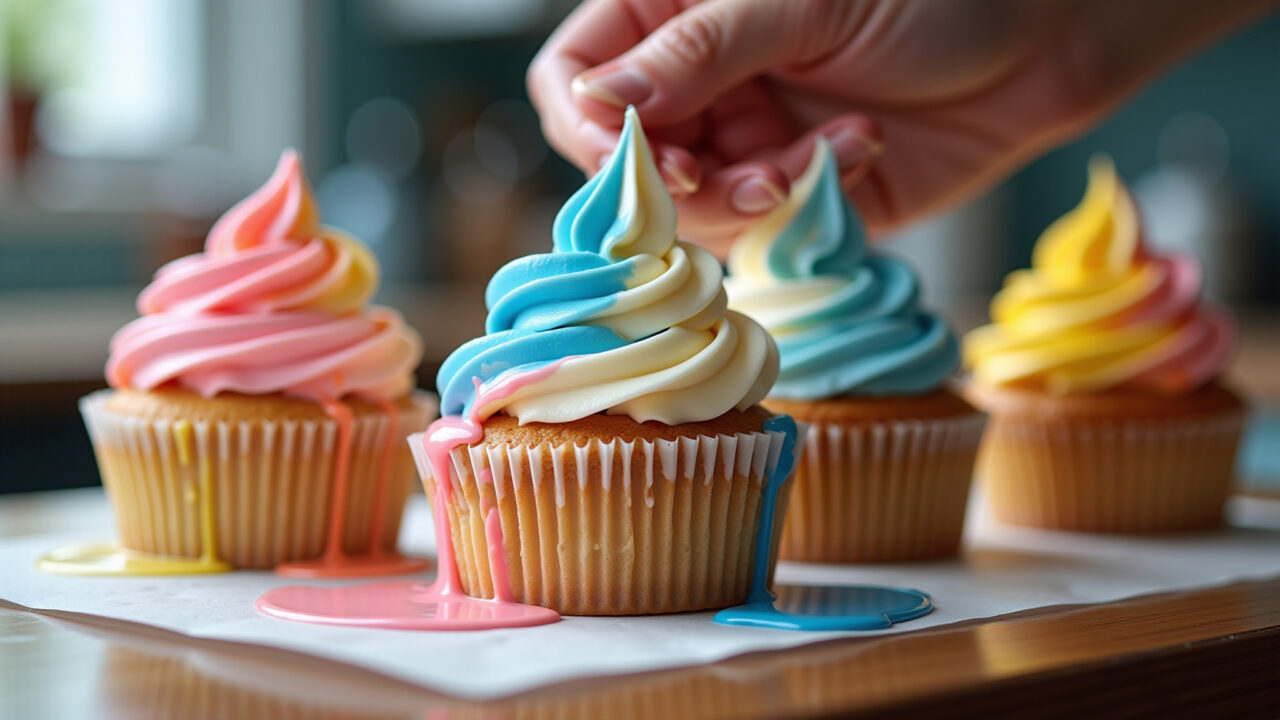 Watery buttercream with too much liquid food coloring, professional photography, 8K, sharp focus, Buttercream mole com excesso de corante líquido.