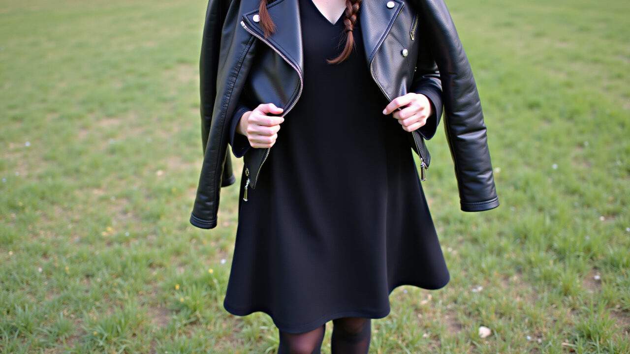 Wednesday Addams Halloween costume, black dress, dark tights, Mary Janes, braids, modern twist, Fantasia de Halloween Wandinha Addams com jaqueta de couro.
