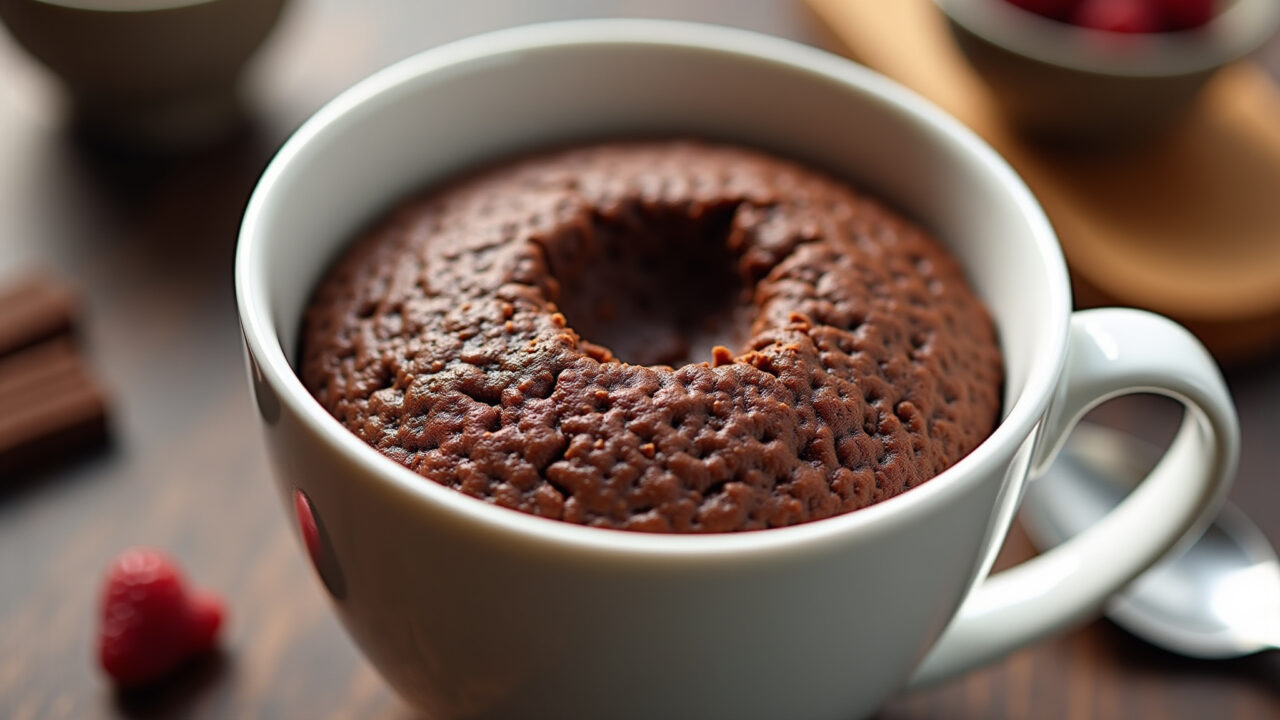 Whey protein chocolate mug cake, microwave dessert, commercial photography, 8K, bright studio Bolo de caneca de whey protein com chocolate.