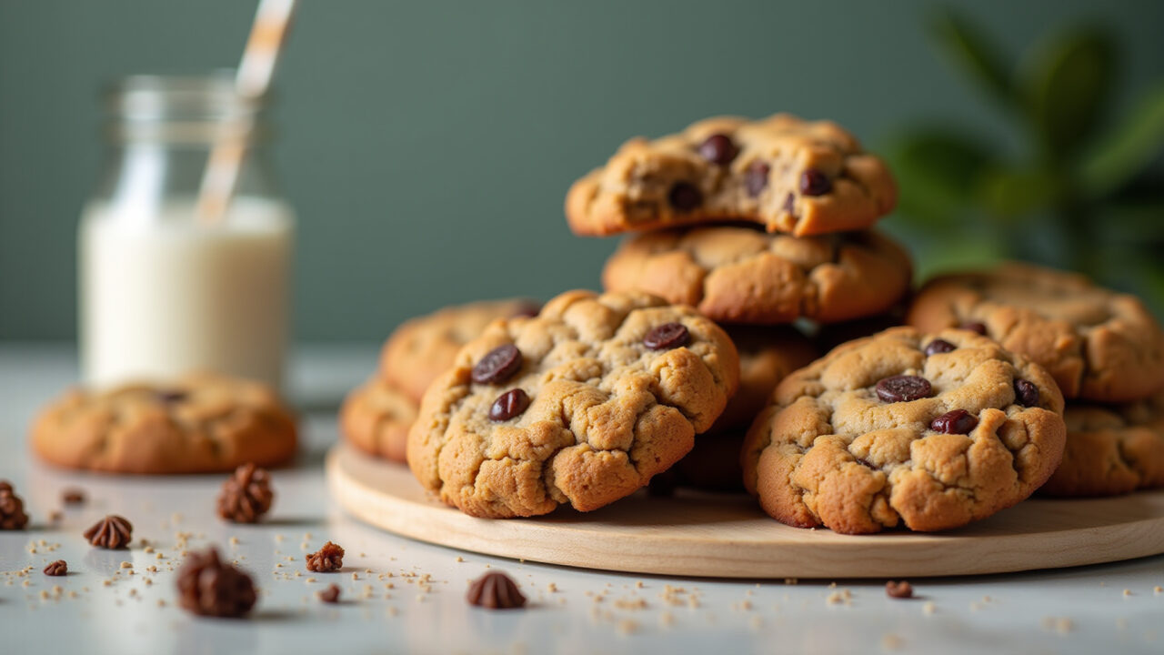 Whey protein cookies, healthy dessert, lifestyle photography, 8K quality, vibrant colors, natural Cookies de whey protein.