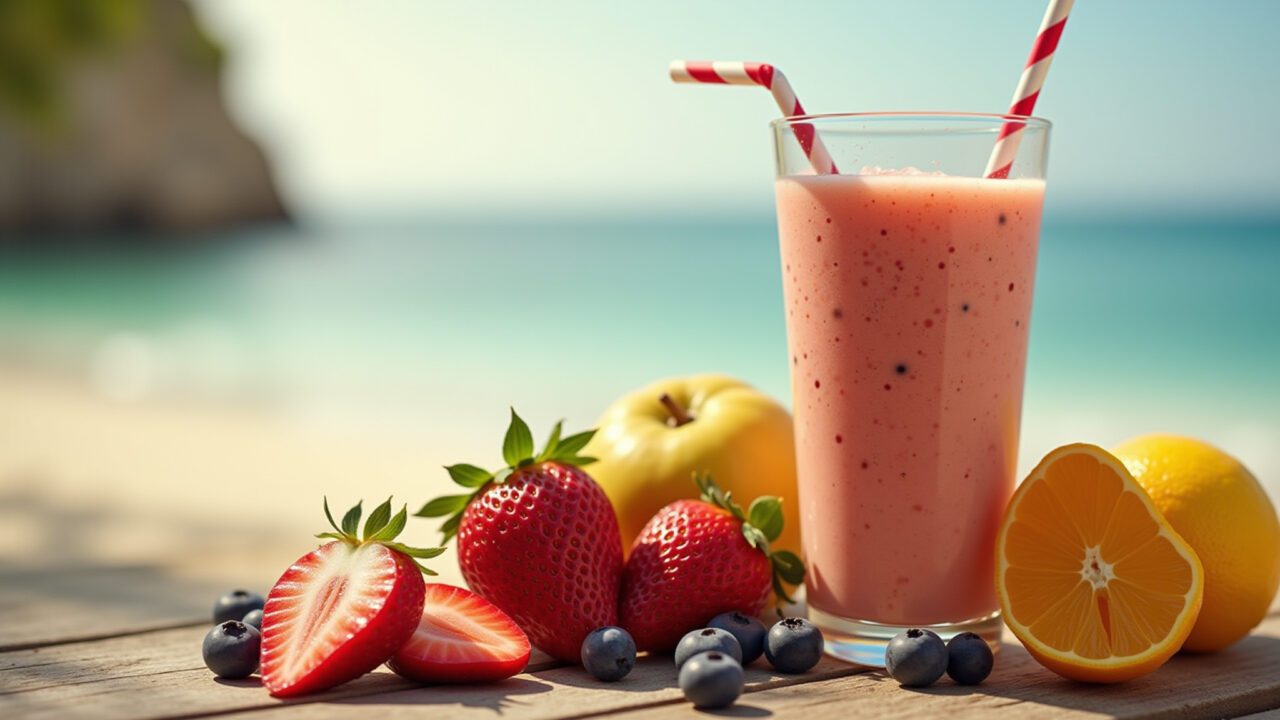 Whey protein smoothie with fruits, refreshing drink, lifestyle photography, 8K quality, vibrant Smoothie proteico com whey protein e frutas.
