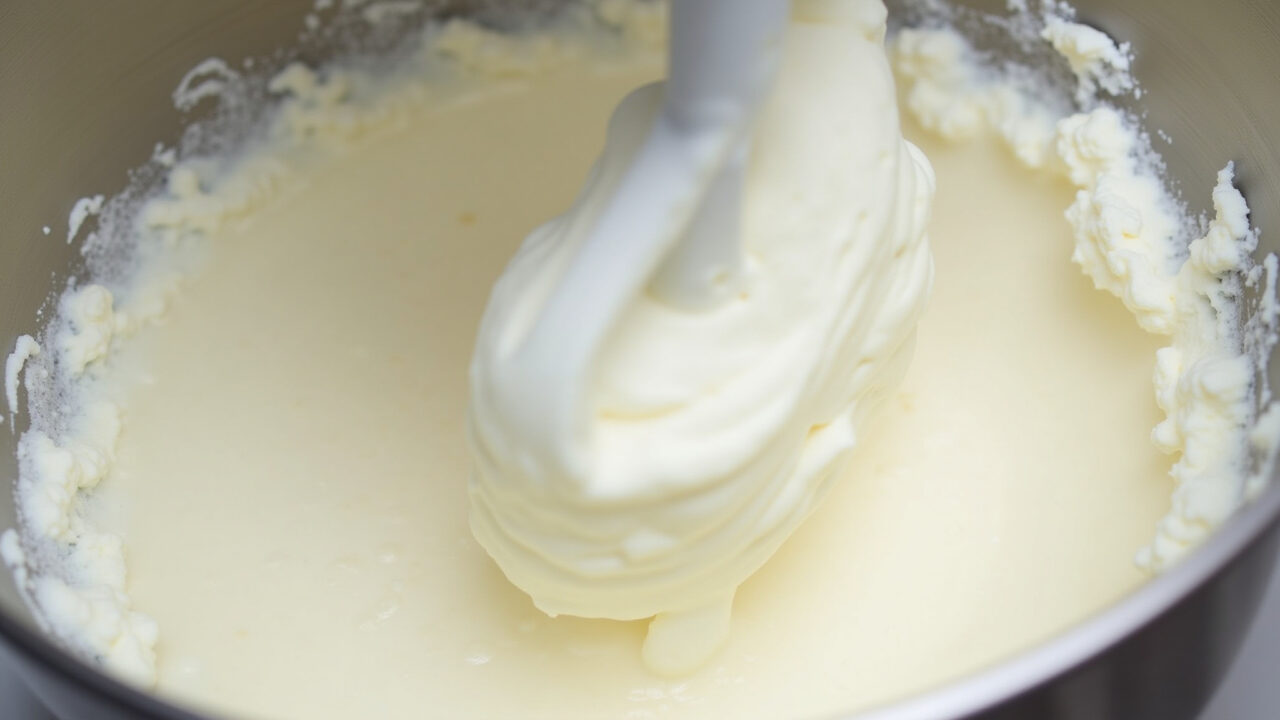 Whipped cream being beaten in a stand mixer, showcasing the process. Focus on the texture and airy Chantilly sendo batido na batedeira