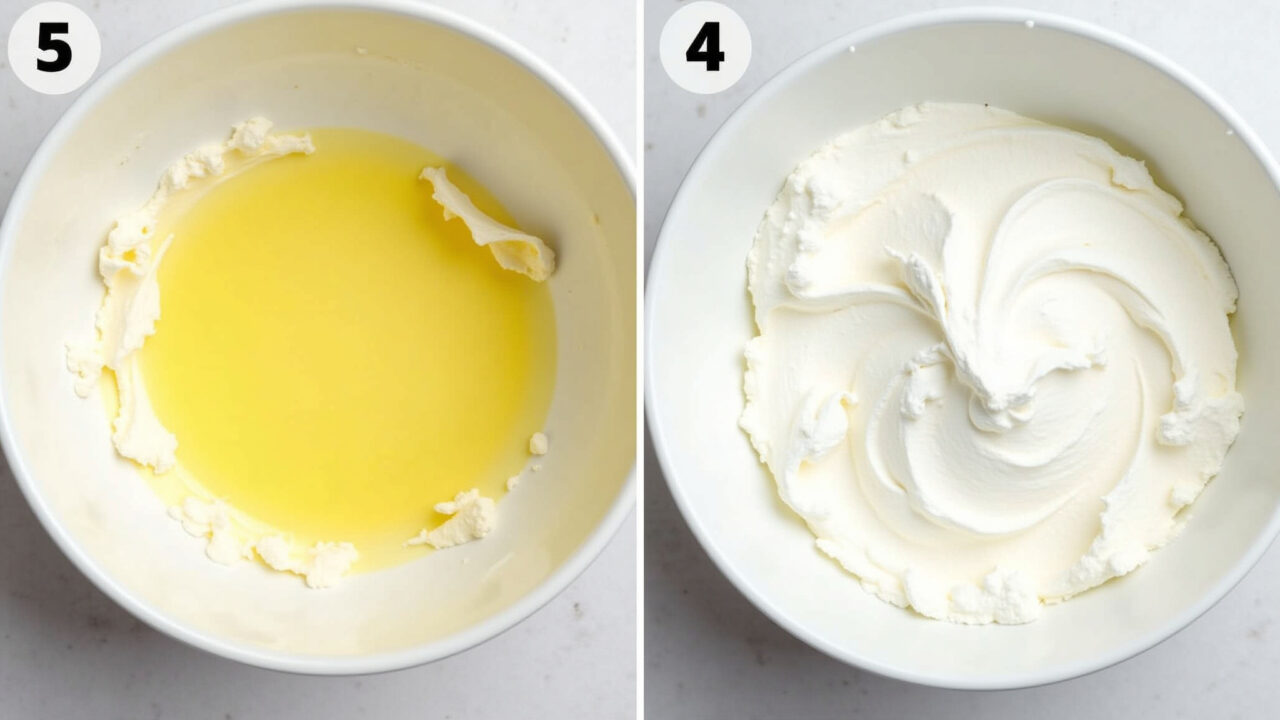 Whipped cream with a slight yellow tint, next to a bowl of fresh, white whipped cream. Chantilly amarelado e chantilly branco