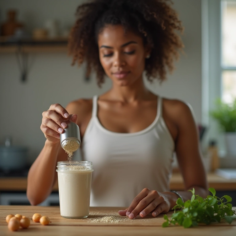 Woman adding creatine powder to keto shake, kitchen setting, supplement focus, professional Mulher adicionando creatina a shake cetogênico.