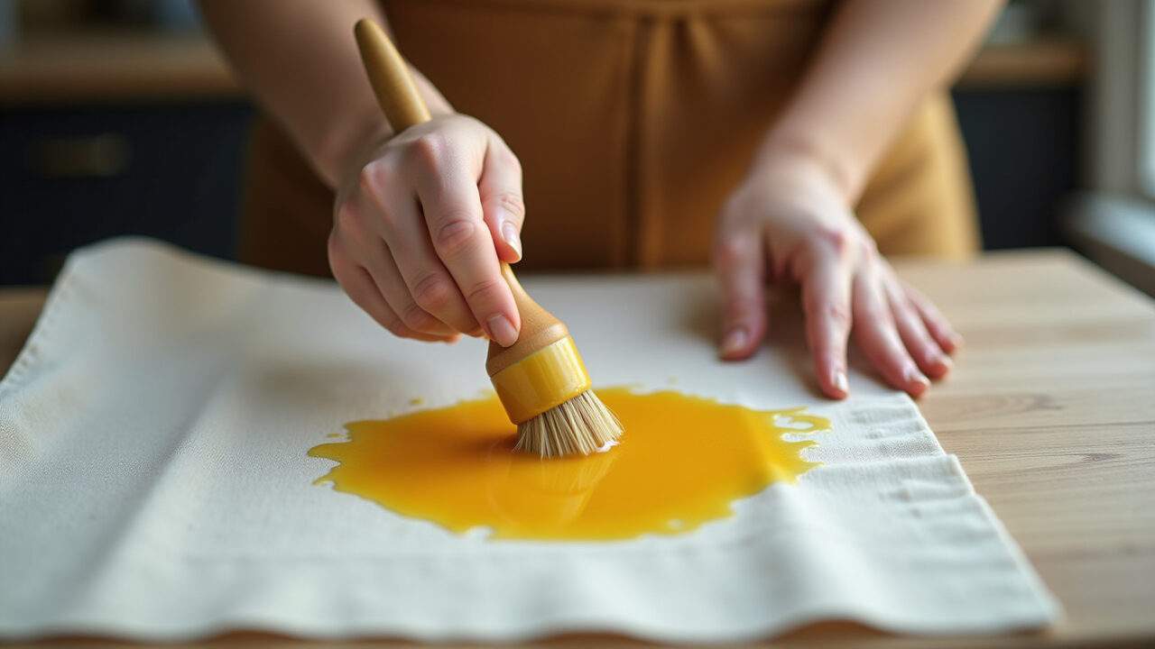 Woman applying beeswax to a natural fabric (cotton or linen) with a brush, DIY waterproofing, farm Mulher impermeabilizando tecido natural com cera de abelha.