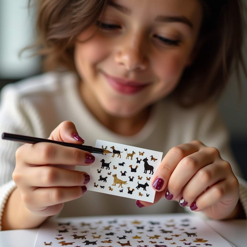 Woman applying dog-themed nail stickers, easy application, stylish design, natural lighting, 8K Aplicação de adesivos de unha com tema de cachorros.