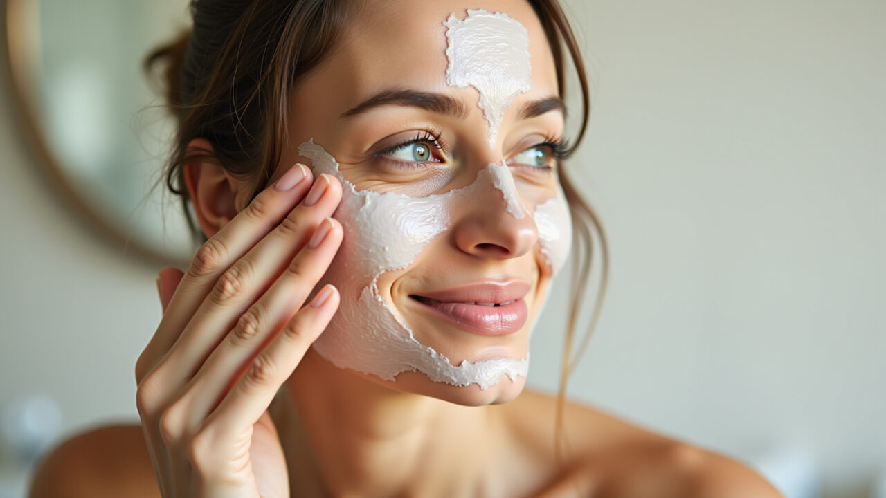 Woman applying fennel tea compress on her face, natural lighting, bathroom setting. Skincare Chá de erva-doce para a pele.