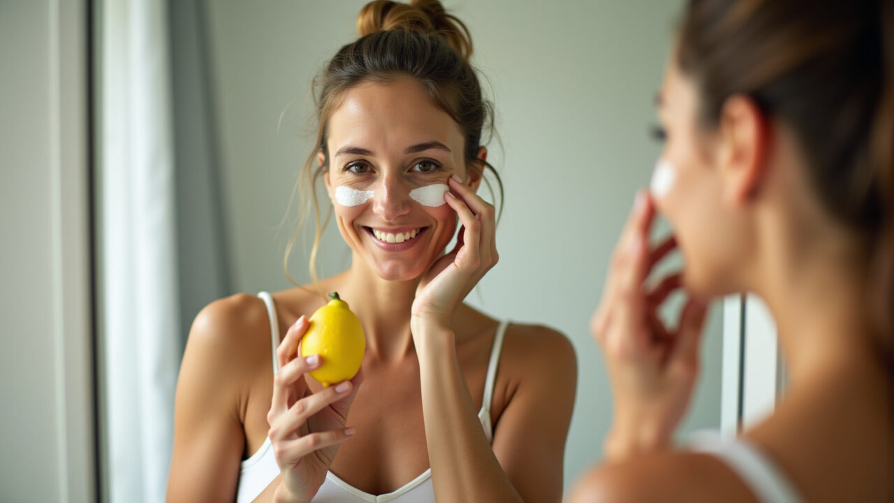 Woman applying lemon leaf tea toner, Brazilian bathroom, natural light, healthy skin, skincare Tônico facial de chá de folha de limão