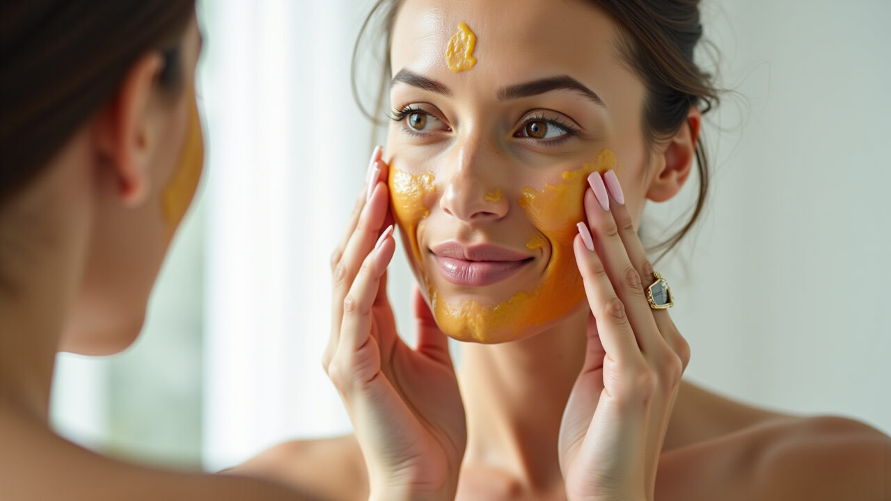 Woman applying mango leaf tea to her face as a toner, natural light, 8k, lifestyle photography, Chá de folha de manga para a pele.