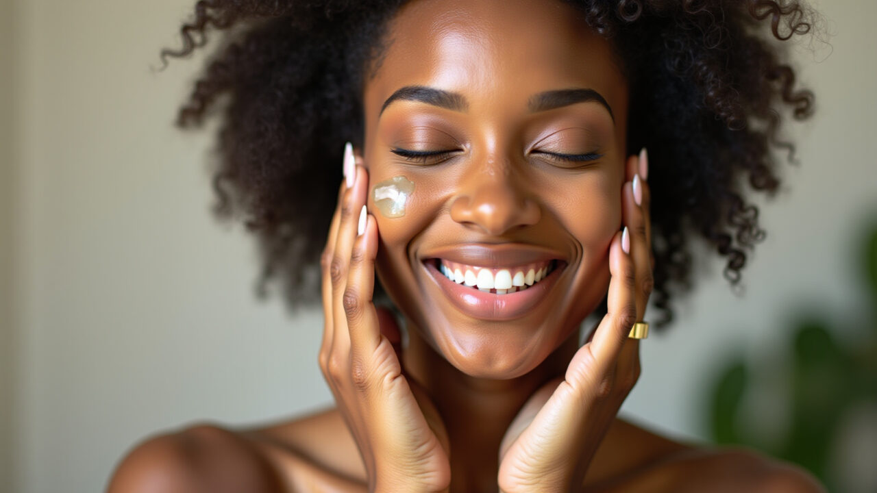 Woman applying okra-based skincare, healthy skin and hair, natural light, lifestyle photography, 8k Mulher aplicando produto de skincare à base de quiabo.