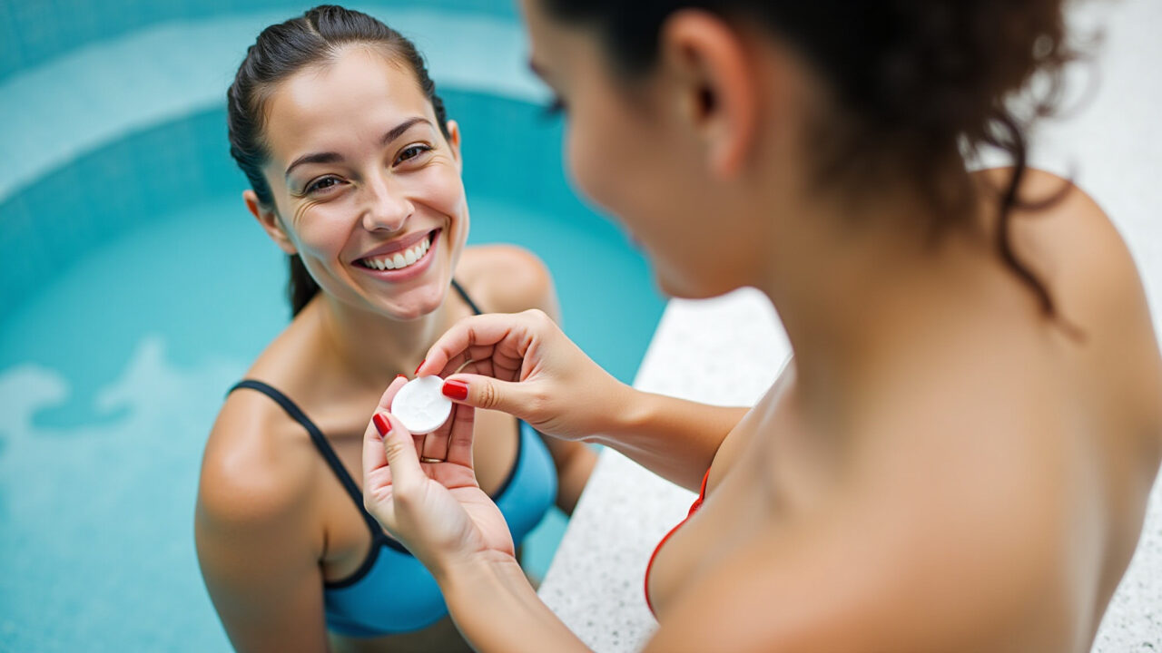 Woman applying petroleum jelly on tattoo before entering a pool. Professional photography, 8K Vaselina protegendo tatuagem do cloro da piscina.