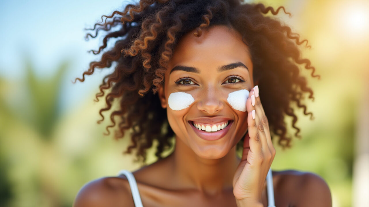 Woman applying sunscreen, natural light, 8k, sharp focus, lifestyle photography, vibrant colors, Mulher aplicando protetor solar, um hábito essencial para proteger o colágeno da pele.