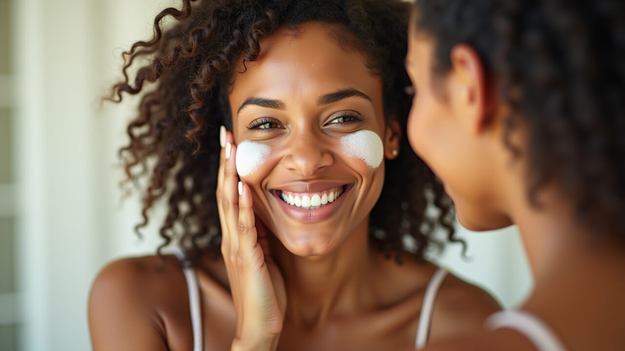 Woman applying tinted sunscreen with anti-aging effect, radiant skin, natural light, professional Protetor solar com cor e ação anti-idade.