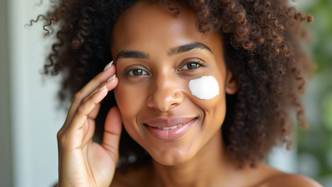 Woman applying tinted sunscreen with foundation coverage, even skin tone, natural light, Protetor solar com cor e cobertura de base.