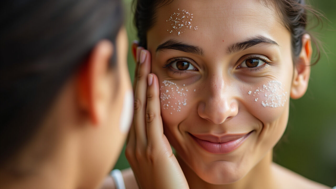 Woman applying tinted sunscreen with high coverage, covering acne marks, natural light, Protetor solar com alta cobertura para pele com acne.