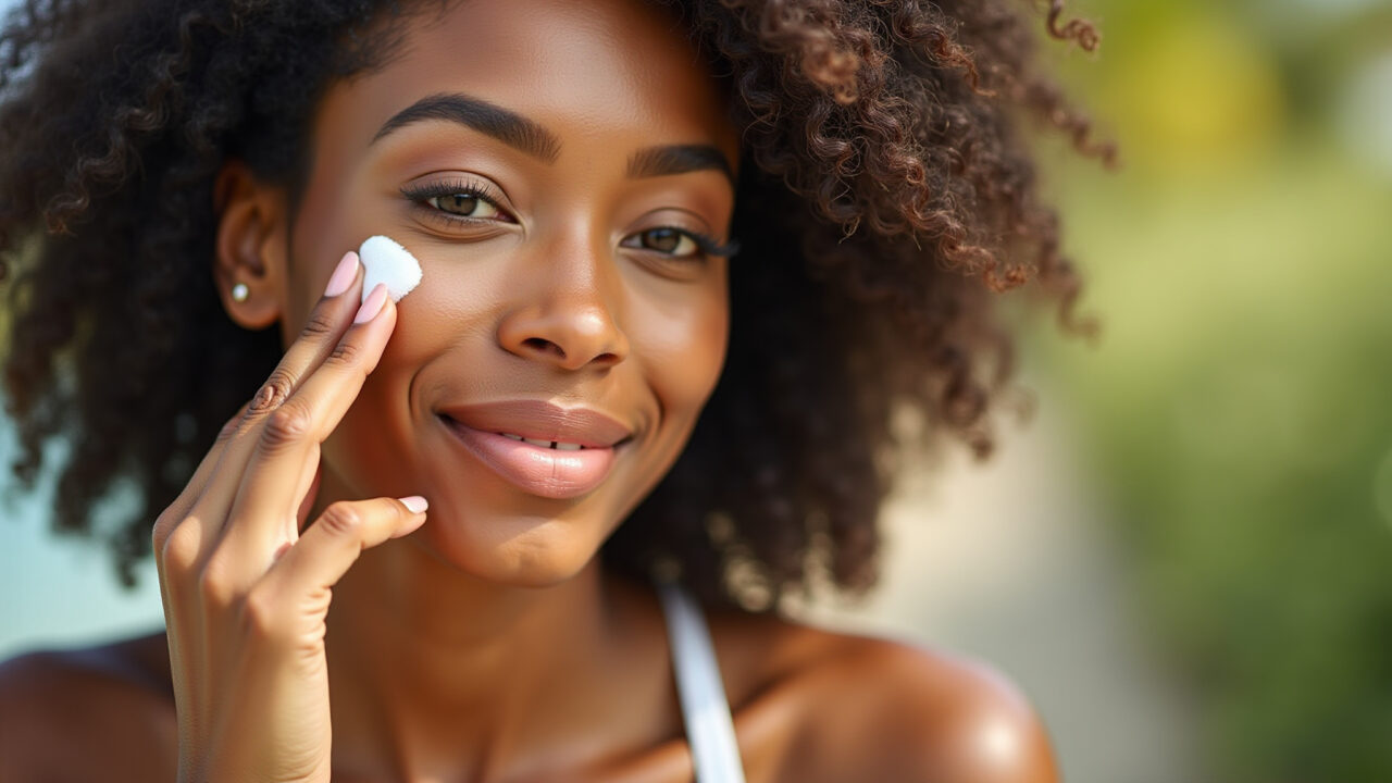 Woman applying tinted sunscreen with natural ingredients, plant extracts, natural light, Protetor solar com cor e ingredientes naturais.