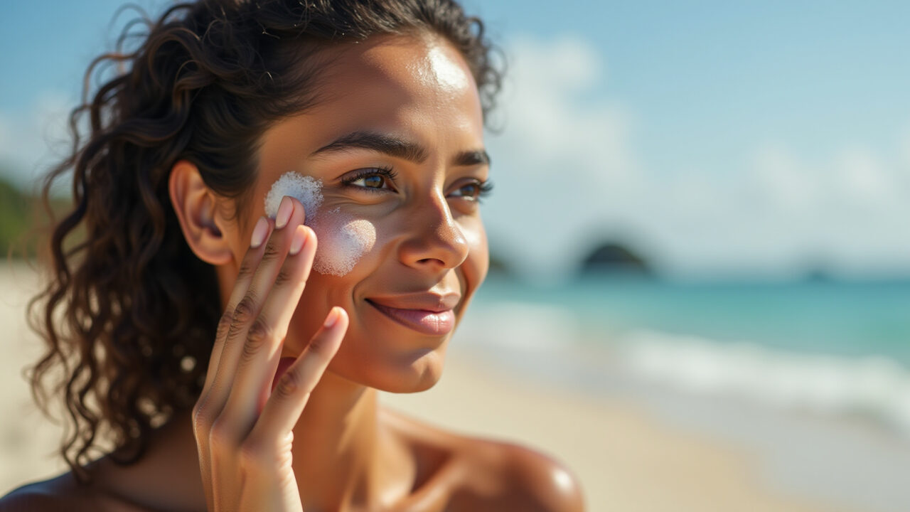 Woman applying water-resistant tinted sunscreen, beach background, natural light, professional Protetor solar com cor resistente à água.