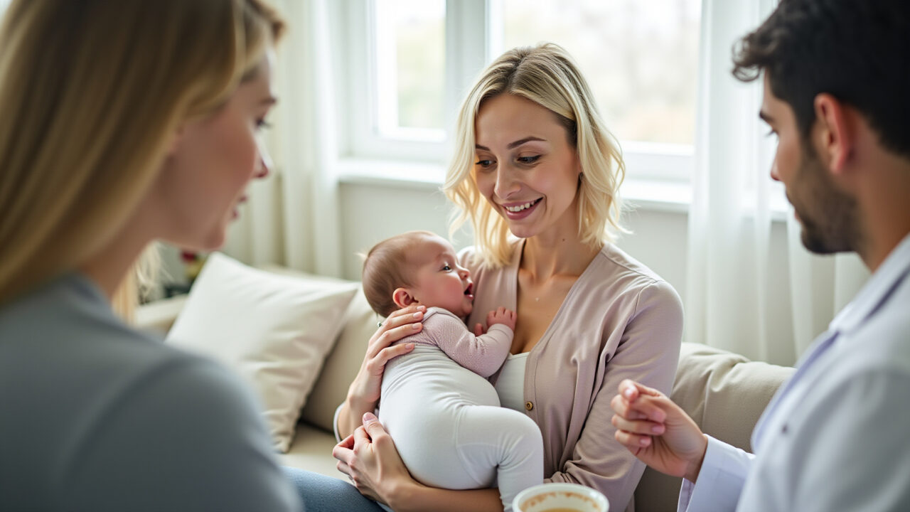 Woman breastfeeding, consulting doctor about guava leaf tea, caring environment, natural light, Mulher amamentando consultando médico sobre chá de goiaba.