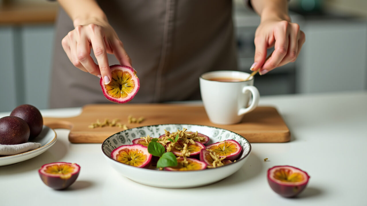 Woman choosing healthy food, cup of passion fruit leaf tea on the table, bright kitchen, natural Chá de folha de maracujá e emagrecimento.