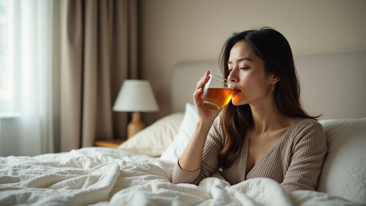 Woman drinking graviola tea before bed, cozy bedroom, natural light, sleep improvement, lifestyle Mulher bebendo chá de graviola antes de dormir.