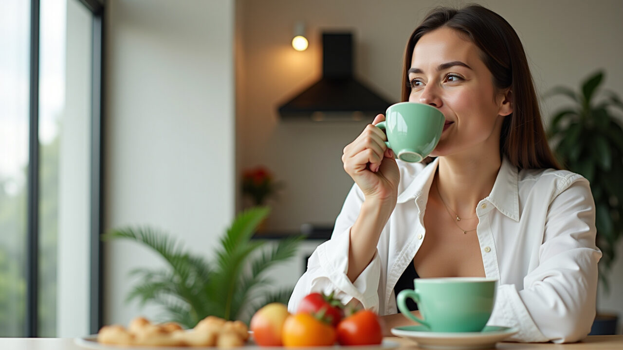 Woman drinking green tea between meals, healthy snack, natural light, modern apartment, Brazilian Mulher bebendo chá verde entre as refeições.