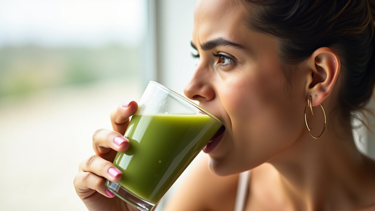 Woman drinking green tea daily, healthy routine, vibrant skin, natural light, Brazilian ethnicity, Mulher bebendo chá verde como parte da rotina diária.