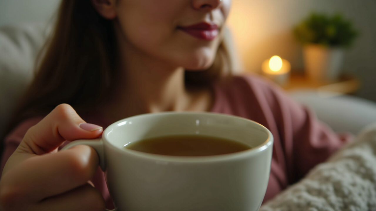 Woman drinking green tea, relaxing, evening scene, insomnia prevention, warm lighting, Brazilian Mulher relaxando à noite, evitando chá verde.